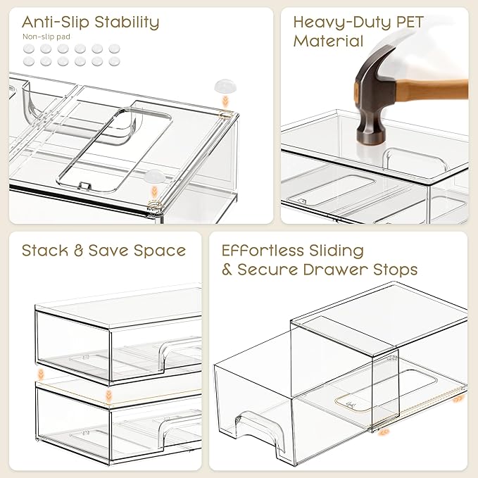 Criusia Stackable Storage Drawers, 3 Pack Clear Acrylic Makeup & Bathroom Organizer, Versatile Storage Bins for Vanity, Under Sink, Kitchen Cabinets & Pantry