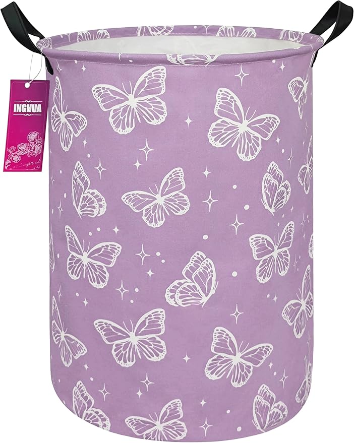 Laundry Hamper Large Canvas Fabric Lightweight Storage Basket/Toy Organizer/Dirty Clothes Collapsible Waterproof for College Dorms, Boys and Girls Bedroom,Bathroom(butterfly)
