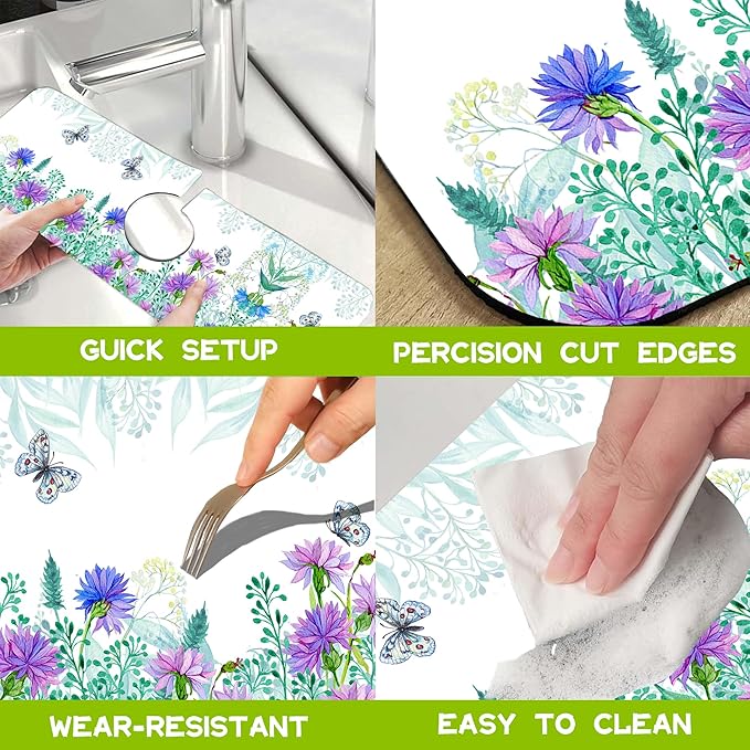 Watercolor Flowers Butterflies Kitchen Sink Splash Guard Faucet Mat Super Absorbent Fast Drying Mat Guard Behind Faucet Drip Catcher for Kitchen Bathroom, 15.5"X5.5"