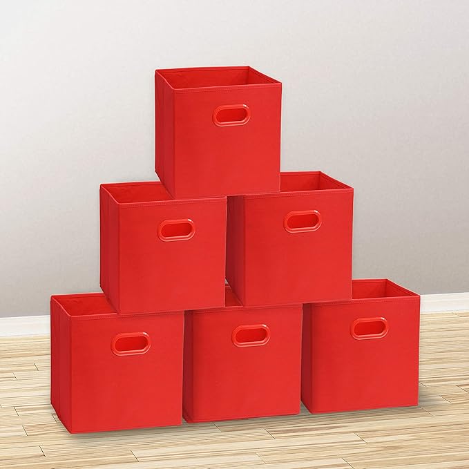 Simple Houseware Foldable Cube Storage Bins with Handles, 11-Inch, Red, 6-Pack, Fabric Cubes Organizer for Closet or Shelves
