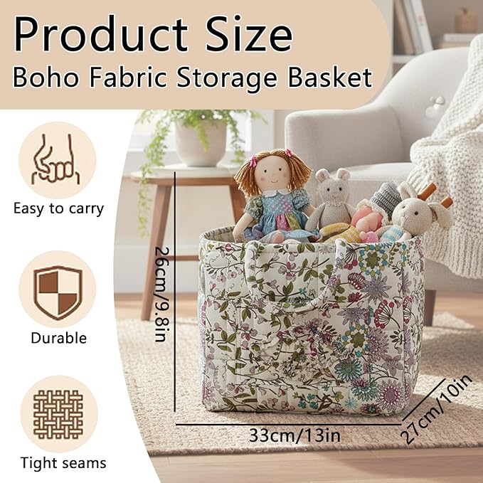 Quilted Fabric Storage Baskets with Handles, Boho Floral Gift Basket Foldable Organizer Bin for Home Decor, Picnic, Travel 12''x10''x10'' (Purple)