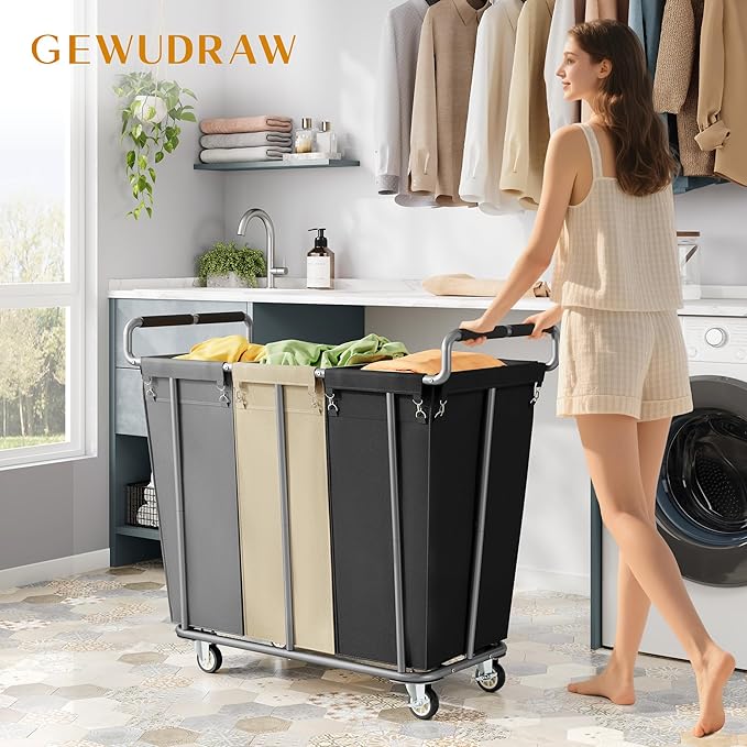 Large laundry hamper with Wheels, 360L 3 Bag Big Rolling Laundry Hamper Sorter Cart, Extra Large Laundry Clothes Hamper, Heavy Duty Laundry Basket Organizer for Laundry Room,Bathroom,Black