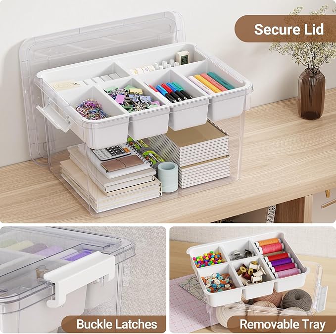 HOMETUK 40Qt Large Stackable Storage Bin with Lid & Tray, Clear Plastic Latching Box Organizer with Divider Portable 10Gal Container for Arts & Crafts, Home and Car Trunk Organization, 1Pack