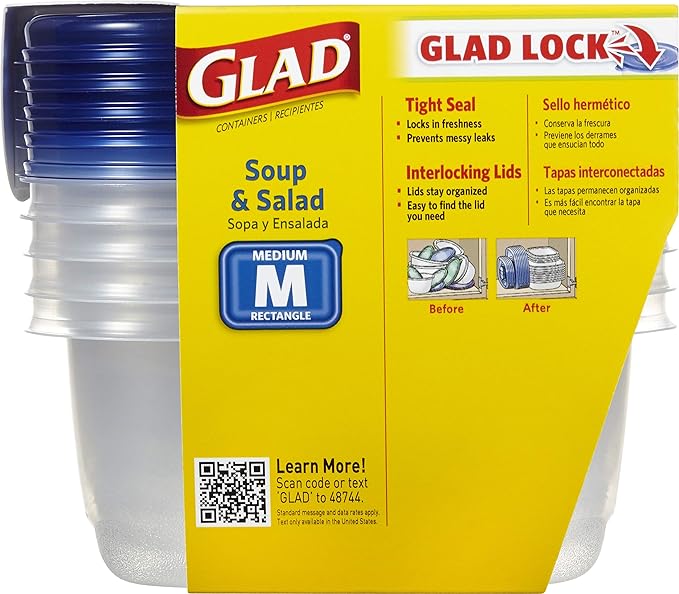 Glad GladWare Medium Rectangle Food Storage Containers with Lids, Airtight Leak-Resistant Plastic Containers for Soup Salad Meal Prep, Microwave Dishwasher Freezer Safe, 24 Oz, 5 Count - 6 Pack
