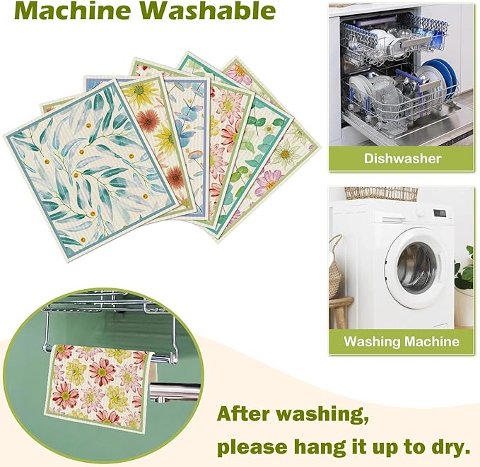 6 Packs Swedish Paper Cloths for Kitchen, Reusable Paper Towels Washable Dish Rags, Highly Absorbent Kitchen Towels Quick Drying Swedish Sponge Cleaning Dish Cloths(Daisy)