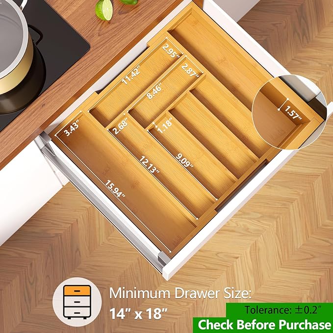 Pipishell Bamboo Expandable Silverware Drawer Organizer, Adjustable Kitchen Utensil Tray for Forks, Spoons and Knives, Wood Storage Cutlery Holder for Bedroom and Living Room
