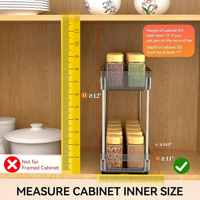 3 Pack Pull Out Spice Rack Organizer for Cabinet, 2 Tier Slide Out Spice Racks Organizer, Spice Cabinet Organizers, Cabinet Size Need:12'' High x 11'' Deep x 5'' Wide, Clear Acrylic
