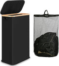 60L Slim Laundry Hamper, Narrow Laundry Basket with Lid,Foldable Clothes Hamper with Bamboo Handles,Hamper Basket with Removable Inner Bag for Laundry Room Bedroom College Dorm,Black