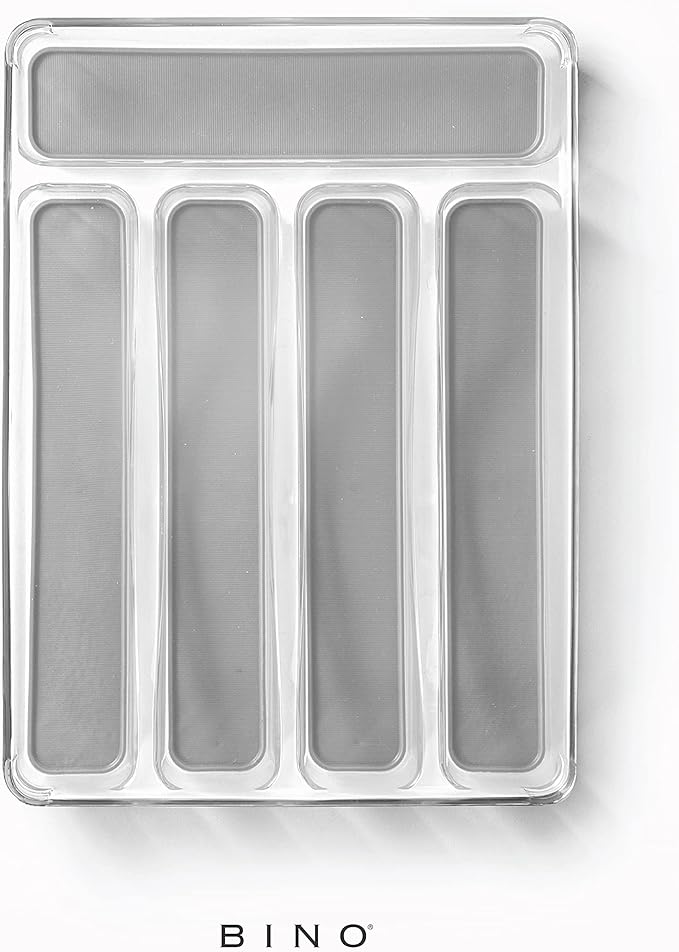 BINO 5-Slot Silverware Organizer for Drawer | Plastic Utensil Kitchen Drawers Tray Organization w/Grip Lining (Light Grey)
