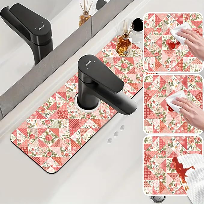 Sink Splash Guard Faucet Mat Roses and Butterflies Absorbent Fast Drying Mat Sink Gadgets Splash Guard Behind Faucet Drip Catcher for Kitchen Bathroom 15.5"X5.5"