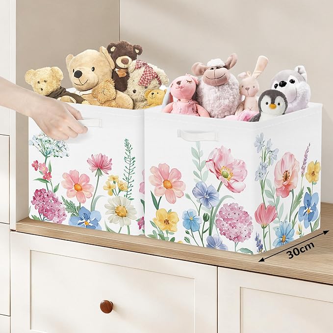 Clastyle Flowers Storage Cube Organizer Set Handle Closet Clothes Cube with Metal Frame Foldable Parents Organizer Storage Basket for Book Toy,Watercolour,11.8x11.8x11.8 in