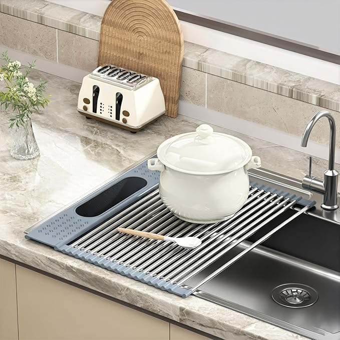 Roll Up Dish Drying Rack Over Sink, 17.5" x 15.2" Foldable SUS304 Stainless Steel Kitchen Dish Drainer, Heat-Resistant Multipurpose Rolling Sink Rack Organizer,Grey