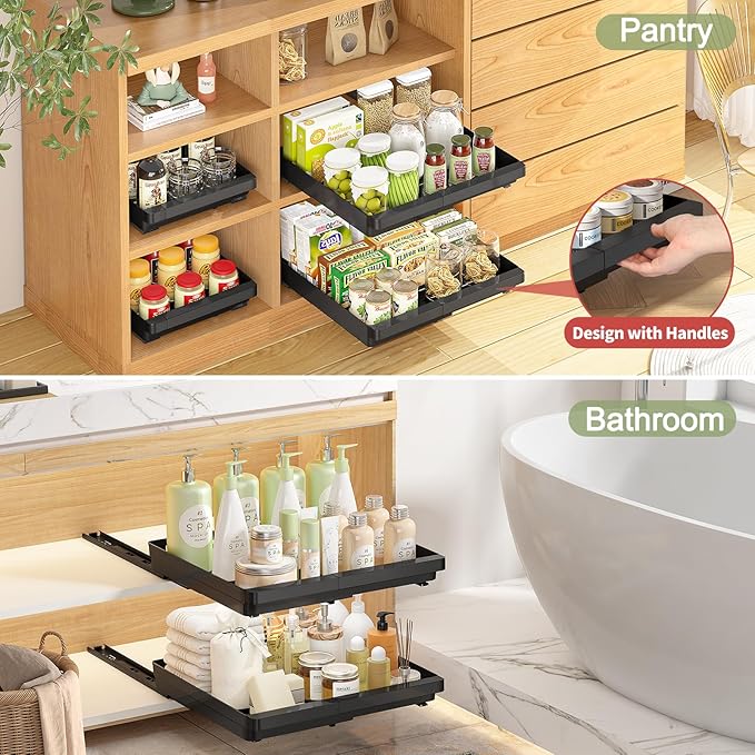 2 Pack Pull Out Cabinet Organizers Expandable (13''-19''), Plastic Slide Out Drawers for Kitchen, Bathroom, Pantry, Under Sink Storage, Pull Out Drawers Fixed with Adhesive Nano Film (Black)