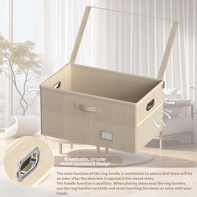 Shoe Organizer for Closet, Shoe Box Storage Containers Fit 18 Pairs Foldable Shoe Storage Bins with Clear Cover & Adjustable Dividers for Shoes Blankets Linen Clothing (Beige, (24.4*16.5*12.9)x1)