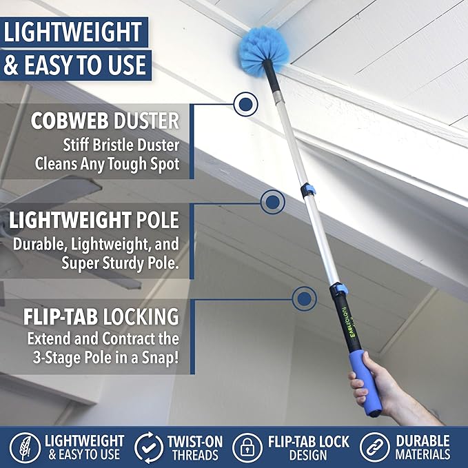 EVERSPROUT 8-10 Feet Standing Reach | 1.5-to-3 Foot Cobweb Duster and Extension-Pole Combo & Lightweight 3-Stage Aluminum Pole | Hand-Packaged Indoor/Outdoor Use Brush Attachment