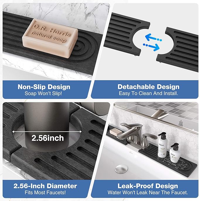 DK177 Faucet Mat for Kitchen Sink - Water Absorbing Stone Tray for Sink, Diatomite Fast-Drying Faucet Mat, Faucet Splash Guard for Bathroom Counter (Dark Gray, 30" x 4")