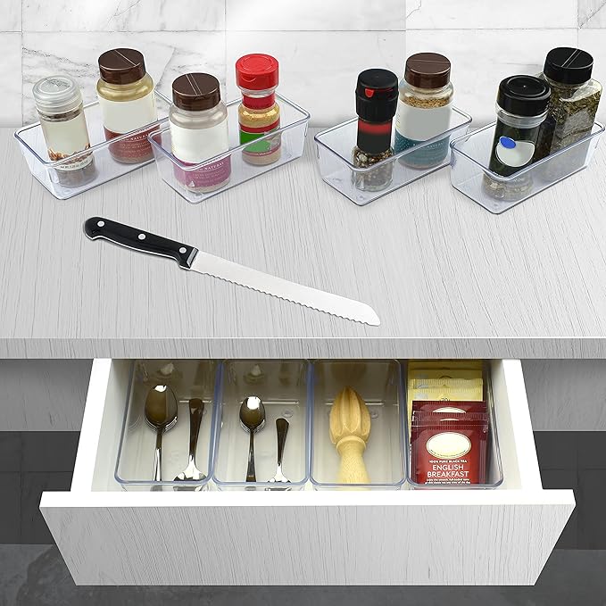 Acrimet Drawer Organizer Modular, Box Tray Storage Bins for Office, Home, Makeup, Kitchen, Junk Drawer (4 Pieces) (Clear Crystal Plastic)