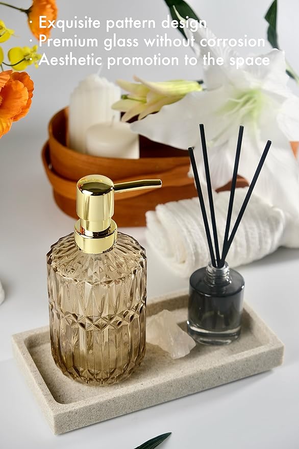 Brown Glass Soap Dispenser with Gold Rust Proof Pump, Refillable Thicken Glass Kitchen Soap Dispenser, Lotion Dispenser Bathroom for Dish Soap, Hands Soap, Body Wash, Bathroom Accessories