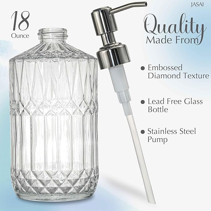 JASAI 18 Oz Embossed Clear Glass Soap Dispenser with Rust Proof Pump, Refillable Dish soap Dispenser for Kitchen, Premium Bathroom Soap Dispenser for Hand soap, Lotion (Clear).