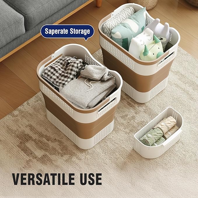 TECHMILLY Collapsible Plastic Laundry Basket Hamper with Handles, 35L Portable Rubber Clothes Basket, Pop Up Storage Container/Organizer with Hanging basket for Washing & Storage, Brown