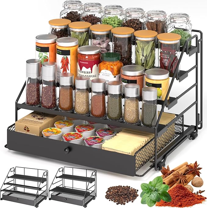 Spice Rack Organizer for Cabinet: 4 Tier Adjustable Spice Rack Organization with Drawer, Depth Metal Shelf for Kitchen Countertop, Cupboard, Pantry, Holds Seasoning and Condiments (Black)