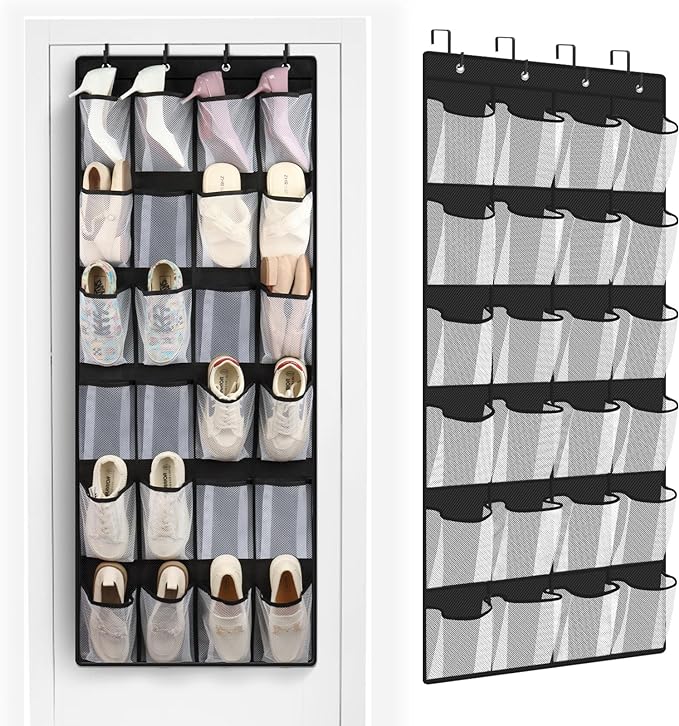FENTEC 24 Large Pockets Over Door Shoe Organizer, Mesh Hanging Shoe Organizer for Closet Mesh Closet Holder, Back of Door Organizer for Cruise Ships, Rack for Wall, Black, 1 Pack