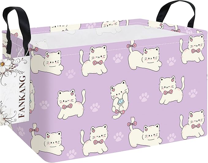 FANKANG Storage Bins,Nursery Hamper Canvas Laundry Basket Foldable with Waterproof PE Coating Storage Baskets for Boys and Girls, Office, Bedroom, Clothes,Toys(Rec-Cat ）