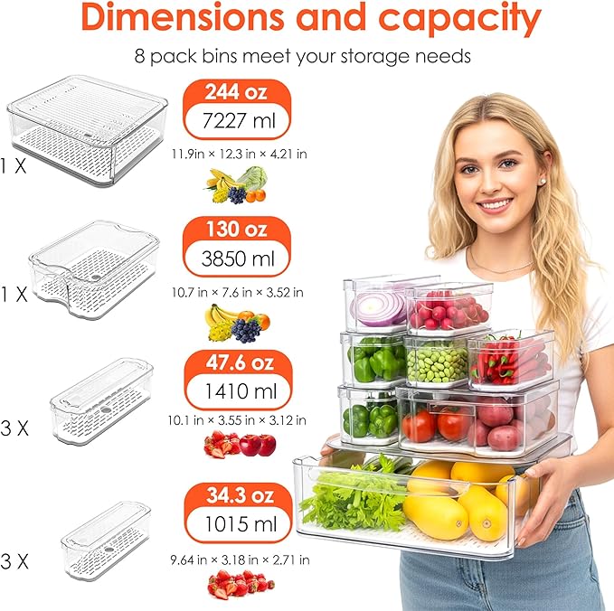 Fridge Organizers and Storage, 8 Pack Clear Freezer Organizer Bins with Lids for Kitchen, Pantry, Refrigerator, Food, Fruit, Vegetable Storage (8 Bins (Include Pull-out Drawer))