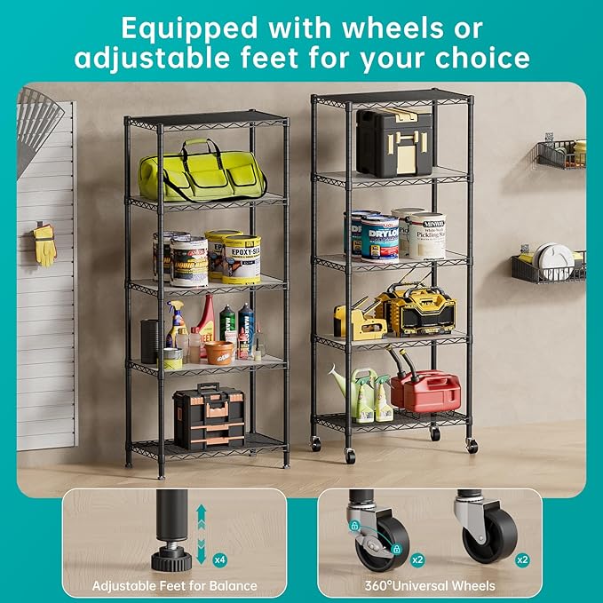 SINGAYE 5 Shelf Storage Wire Shelves Closet Bathroom Organizers Metal Pantry Kitchen Garage Shelving Unit Laundry Room Organization Home Narrow Rack Net Basket with Wheels White