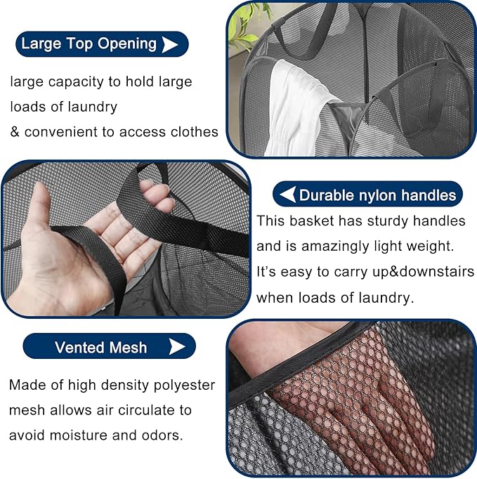 Pop Up Laundry Hamper Pack of 2 Mesh Collapsible Laudry Baskets with Side Pocket and Handles, Easy to Carry for Cruise, Home, Dorms, Laundry Room (Black+Rose red)