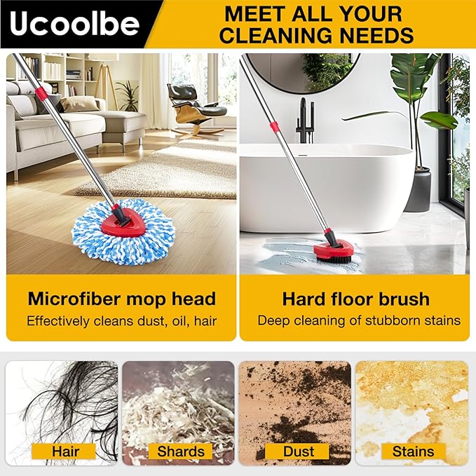 Spin Mop Replacement Head for O Cedar 2 Tank RinseClean, 4 Microfiber mop Refill, 1 Scrub Brush, 1 Mop Stick, 1 Mops Base, Deep Cleaning, 30" to 58" Mop Handle Replacement