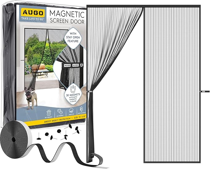 AUGO Magnetic Screen Door - Self Sealing, Heavy Duty, Hands Free Mesh Partition Keeps Bugs Out - Pet and Kid Friendly - Patent Pending Keep Open Feature - 74 Inch x 81 Inch