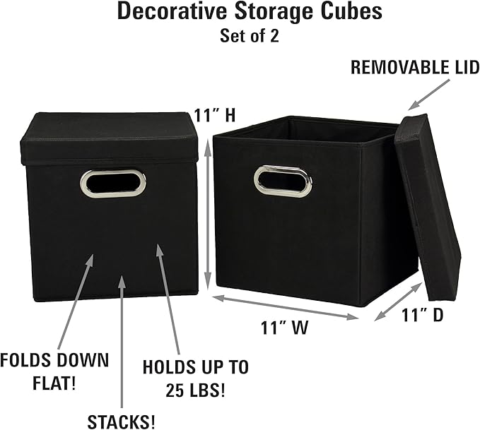 Household Essentials 34-1 Decorative Storage Cube Set with Removable Lids | Black | 2-Pack