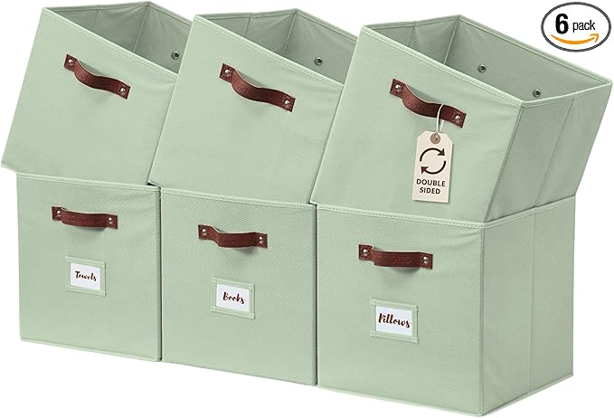 DECOMOMO Storage Cubes, 13x13x13 Storage Cube Bins with Labels, Fabric Organizer Bins (13" / 6pcs, Sage Green)