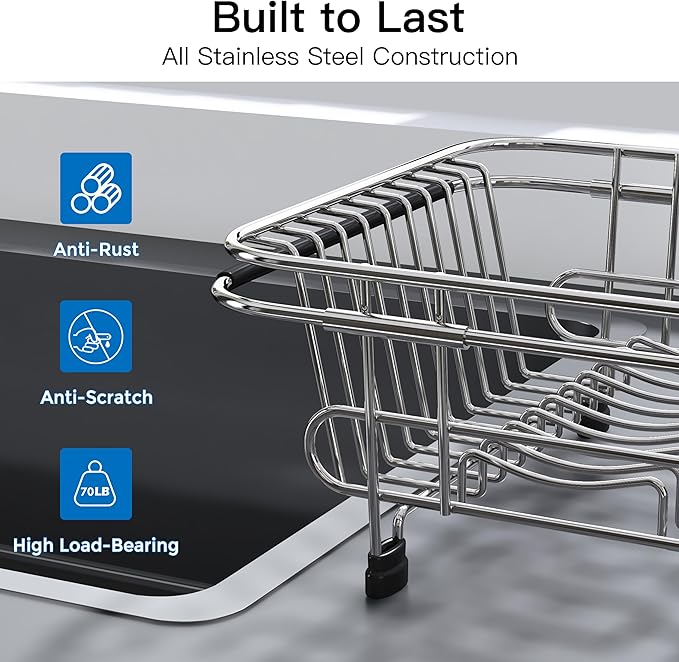 Apartment RV Small Dish Drainer Drying Rack Over The Sink In Stainless Steel for Narrow Kitchen, Counter Space Saving Compact Expandable Metal Plate Dryer Strainer, Modern Above Wire Drain Holder