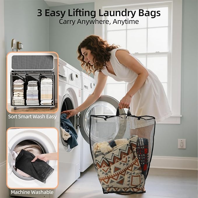 Yecaye 180L Laundry Basket With Lid and Removable 3 Bags, Large Rolling Laundry Hamper with Lid, 3 Section Rolling Clothes Storage With Wheels, Clothes Hamper with Wheels For Laundry Room, Black