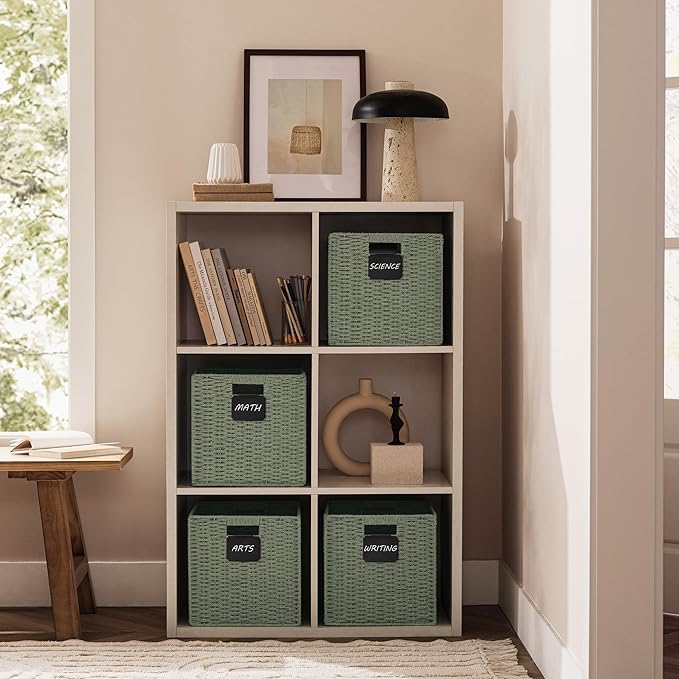 UBBCARE 2 Pack Wicker Basket, 10.5×10.5 Storage Cubes with Label, Foldable Cube Storage Bin with Handle, Square Storage Basket for Shelves, Woven Paper Rope Basket for Organizing, Green