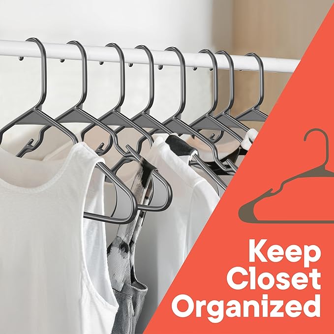 Gray Plastic Hangers 50 Pack– Heavy-Duty Plastic Hangers Slim and Space-Saving, Durable and Lightweight PP with Non-Slip Shoulder Notches for Slip Dresses, Suits, Jackets & Camisoles