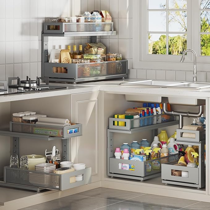 Corbyles 2 Pack 18.5IN-Depth Under Sink Organizer With Next-Gen Ball-Bearing Slides,2-Tier Pull Out Cabinet Storage,Height Adjustable Drawer Shelf for Bathroom,Kitchen,Laundry,Cabinet,Pantry-Gun Gray