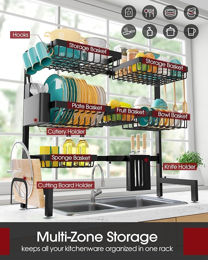 Over The Sink Dish Drying Rack - Adjustable 3 Tier XX-Large Capacity Stainless Steel Drainer with Cutlery & Utensil Holders, Kitchen Storage & Organization, 31.5"-39.5"L x 12"W x 30.5"H, Black