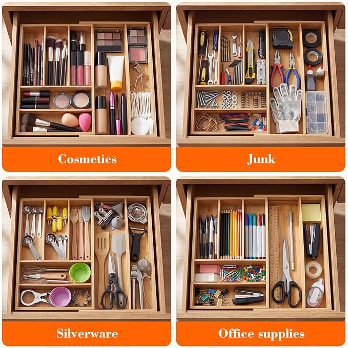 1 Pcs Bamboo Drawer Organizer 9'' up to 18'' x 15'' x 2'' Expandable Drawer Organizer Pens Notebook Ruler Makeup Tray with 7 Adjustable Compartments for Desk Office Kitchen Bathroom(Wood)