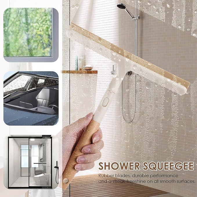 3 Pack Hard Bristle Scrub Brush Set with Long Wooden Handle, 2-in-1 Heavy-Duty Scrubbing Brushes with Scraper Strip, Glass Shower Squeegee, Cleaning Brush for Bathroom, Shower, Floor, Bathtub, Walls