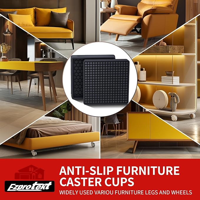 Ezprotekt Non Slip Furniture Pads, 4 Pcs 2.5" Rubber Caster Cups, Anti Skid Furniture Coasters for Hardwood Floors, No Slide Furniture Gripper, Floor Protector for Bed Couch Furniture Stoppers (Black)