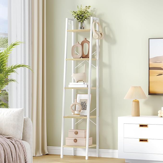 Ladder Shelf, Bookshelf Bookcase, Freestanding Corner Storage Shelve with 2 Hooks for Home Office, Living Room, Kitchen, Bedroom, Industrial, 11.8" D x 13.4" W x 63" H, White Oak and White