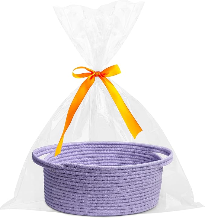 Pro Goleem Small Woven Basket with Gift Bags and Ribbons Durable Baskets for Gifts Empty Small Rope Basket for Storage 12"X 8" X 5" Baby Toy Basket with Handles, purple