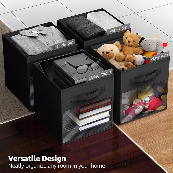Sorbus 11 Inch Storage Bins with Clear Window - 6 Foldable Baskets for Organizing Clothes, Toys, Books - Sturdy Collapsible Fabric Storage Cubes with Handle - Storage Baskets for Shelves, Closets