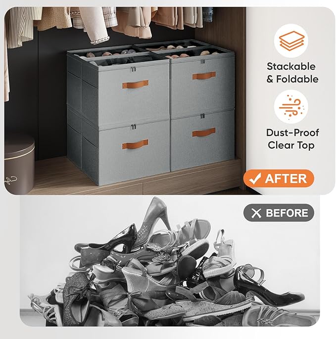 2 Pack Shoe Organizer for Closet,Foldable Shoe Storage Organizer with Adjustable Dividers, Shoe Storage Box with Clear Cover, Fits up to 16 Pairs, Gray