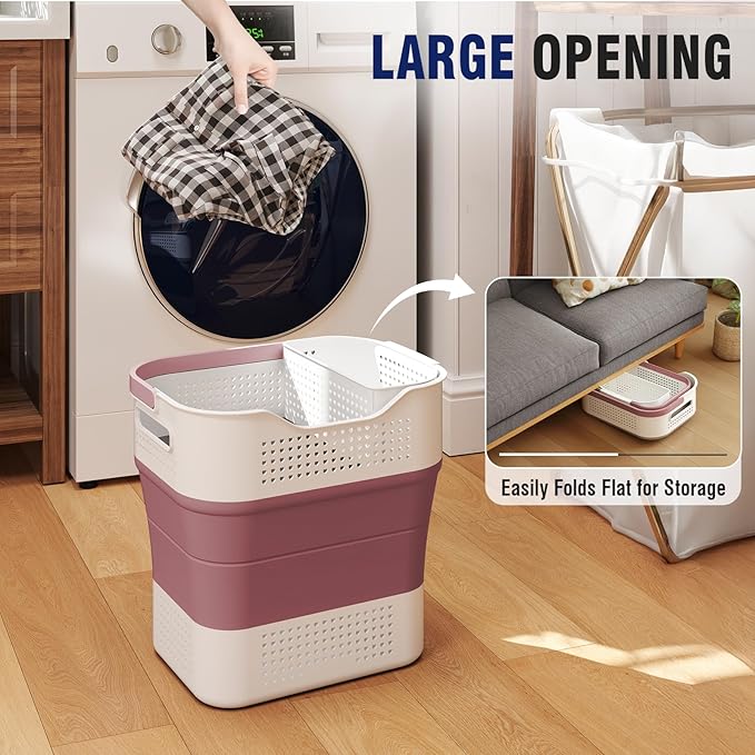 TECHMILLY Collapsible Plastic Laundry Basket Hamper with Handles, 35L Portable Rubber Clothes Basket, Pop Up Storage Container/Organizer with Hanging basket for Washing & Storage, Red