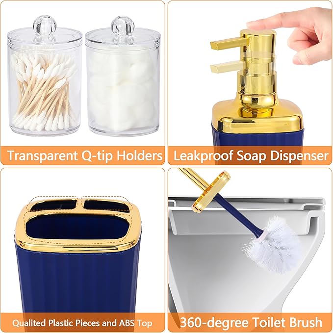 Bathroom Accessory Set,9 Pieces Navy Blue Bathroom Accessories Set with Trash Can, Toothbrush Holder, Soap Dispenser, Toothbrush Cup, Vanity Tray, Soap Dish, Toilet Brush, Qtip Holder