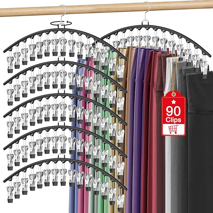 6 Pack Legging Organizer for Closet Hanging, Pants Hangers with Clips Holds 95 Leggings, Shorts, Skirts, Jeans, Hats, Pants Hangers Space Saving Clothes Racks Closet Organizers and Storage, Black